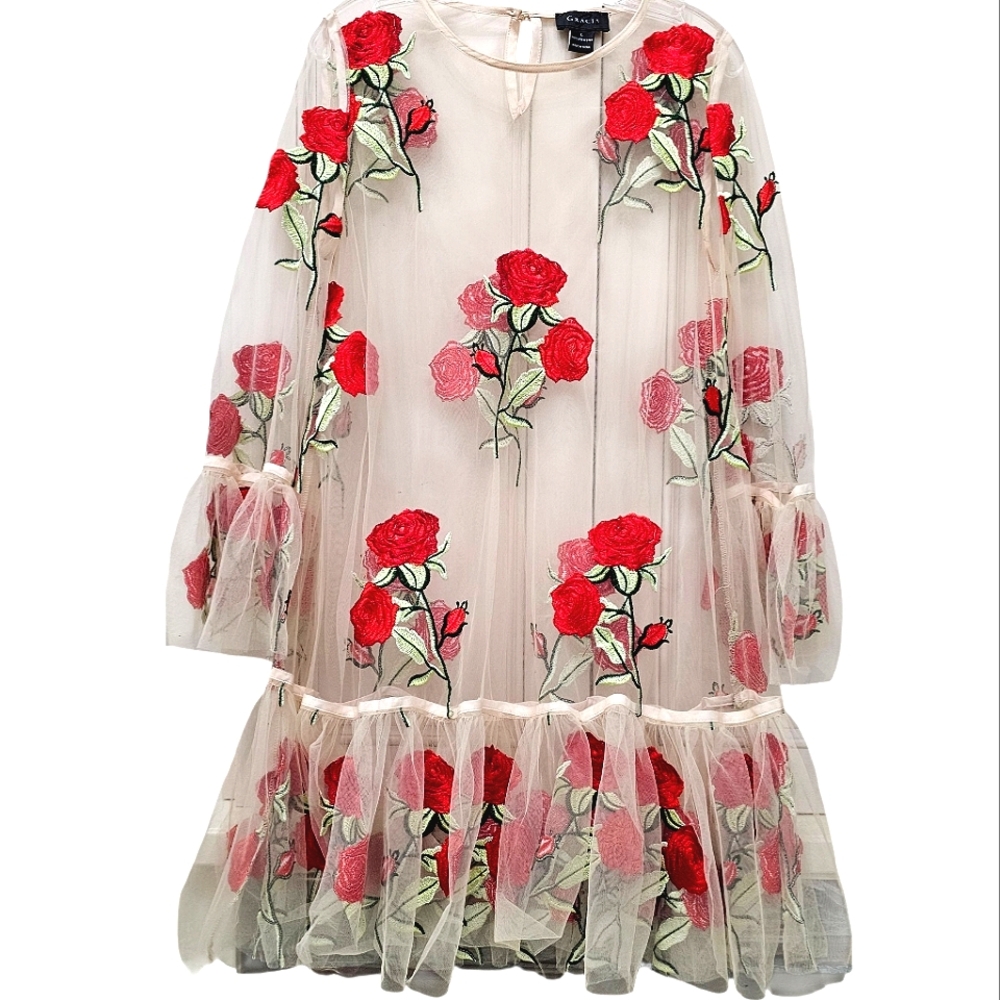 Gracia Resortwear Nwot  Sheer Mesh Red Embroidery Roses Longsleeve Swim Cover Up